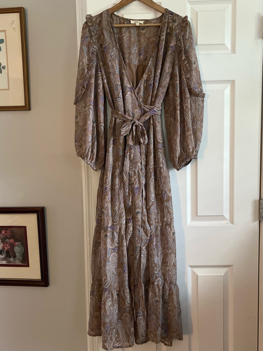 Elan Elegant Boho Chic Wrap Maxi Dress in Taupe Paisley